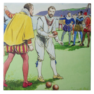 Sir Francis Drake (1540/3-96) playing bowls, from Tile