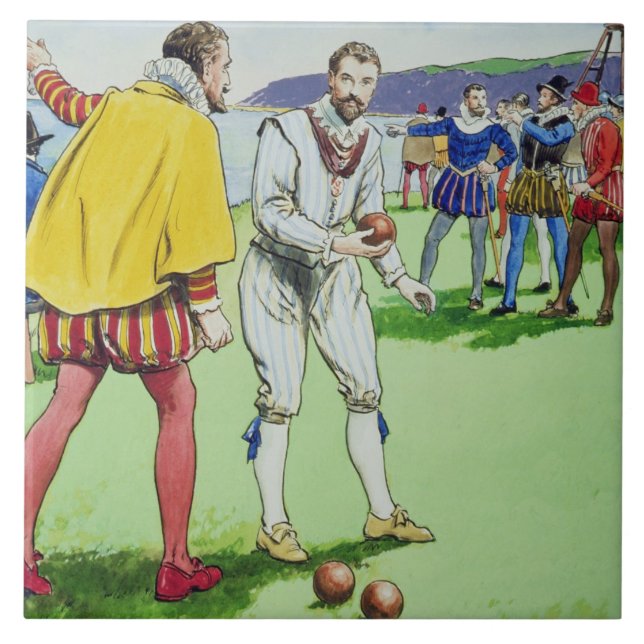 Sir Francis Drake (1540/3-96) playing bowls, from Tile (Front)