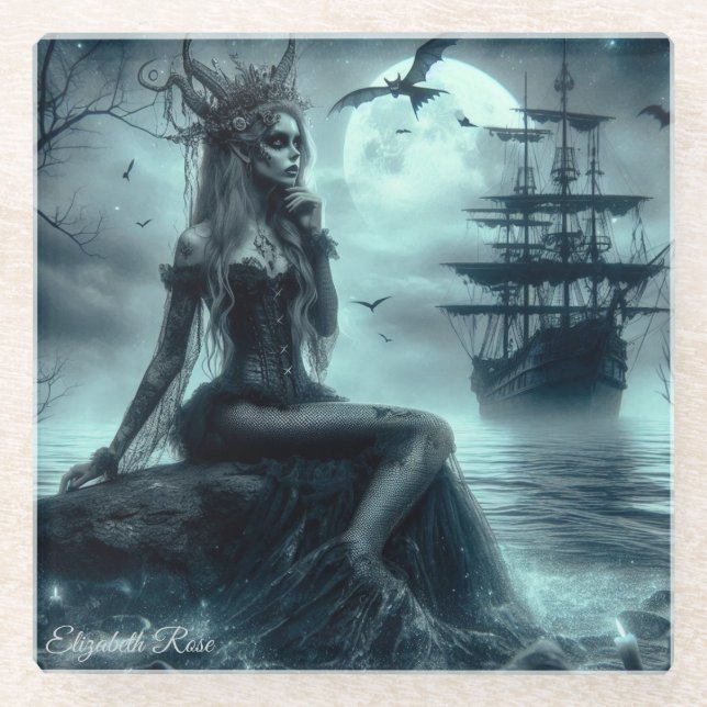 Siren of the Moonlit Tide Glass Coaster (Front)
