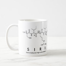 Mug featuring the name Siri spelled out in the single letter amino acid code