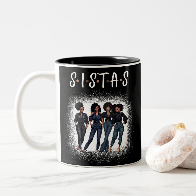 Sistas, Melanin Queen, Black Girlfriends Two-Tone Coffee Mug (With Donut)
