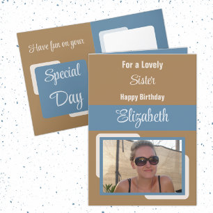 Sister add name photo blue brown birthday card