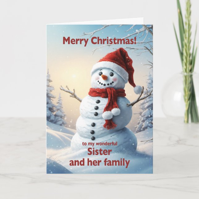 Sister and her Family Christmas Snowman  Holiday Card (Front)