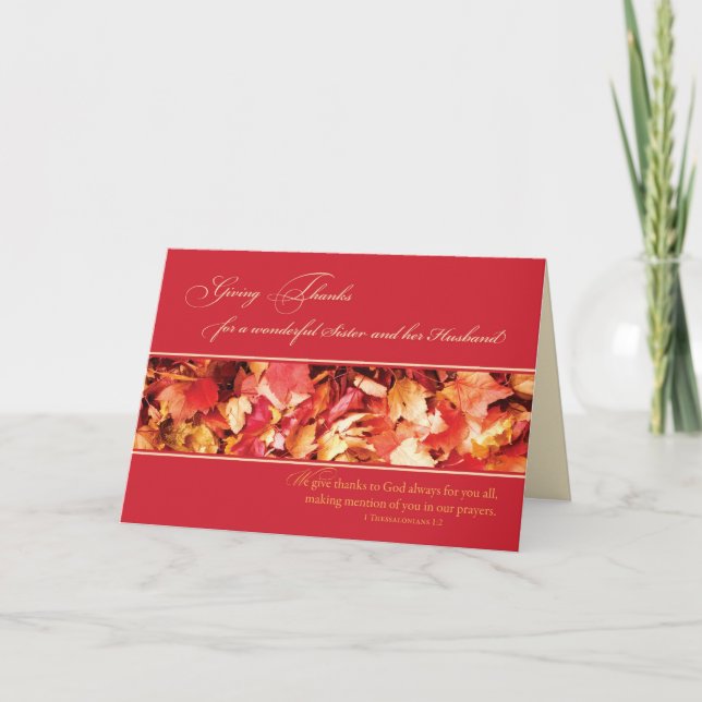 Sister and Husband Thanksgiving Religious, Leaves Holiday Card (Front)