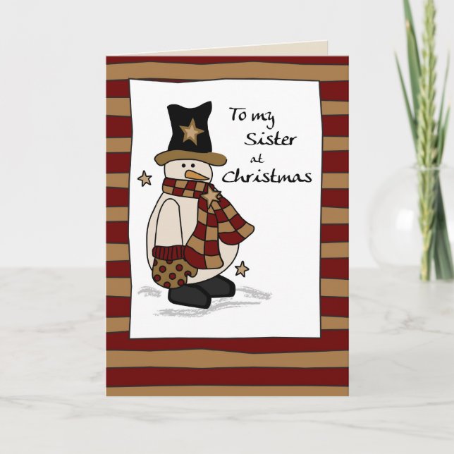 Sister at Christmas Country Snowman Black Hat Holiday Card (Front)