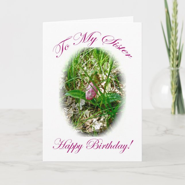 Sister Birthday Card Pink Lady Slipper Orchid (Front)
