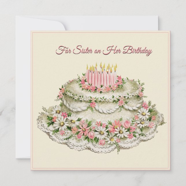 Sister Birthday Card Vintage Flower Cake and Poem  (Front)