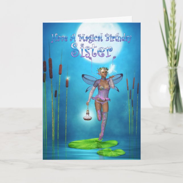 Sister Birthday Card With Pretty Fairy On A Lily p (Front)