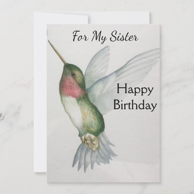 Sister Birthday Hummingbird Elegant Watercolor (Front)