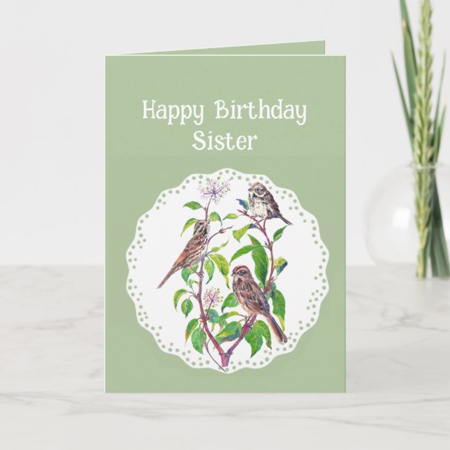 Sister Birthday Song Sparrows, Cute Birds Card (Front)