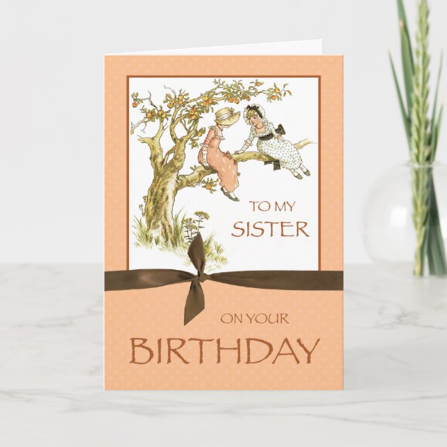 Sister Birthday, Vintage Girls in Apple Tree Card (Front)