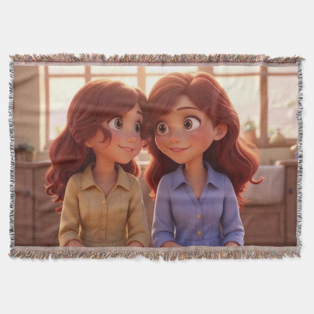 Sister Bond – Beautiful Sisters Illustration Art Throw Blanket (Front)