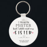 Sister bridesmaid proposal Button Keychain<br><div class="desc">I FOUND MY MISTER BUT I STILL NEED MY SISTER BRIDESMAID BUTTON KEYCHAIN || YAY CONGRATS! YOU'RE GETTING MARRIED!! This card will add a special touch to your bridesmaid proposal! Ask your nearest and dearest to be part of your bridal party on your wedding day. They are the perfect addition...</div>