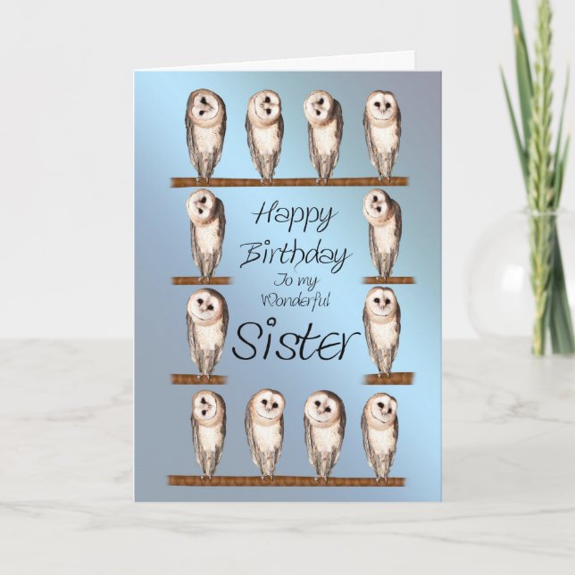 Sister, Curious owls birthday card. Card (Front)