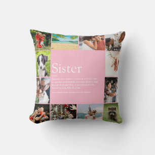 Sister Definition Modern 12 Photo Collage Pink Cushion