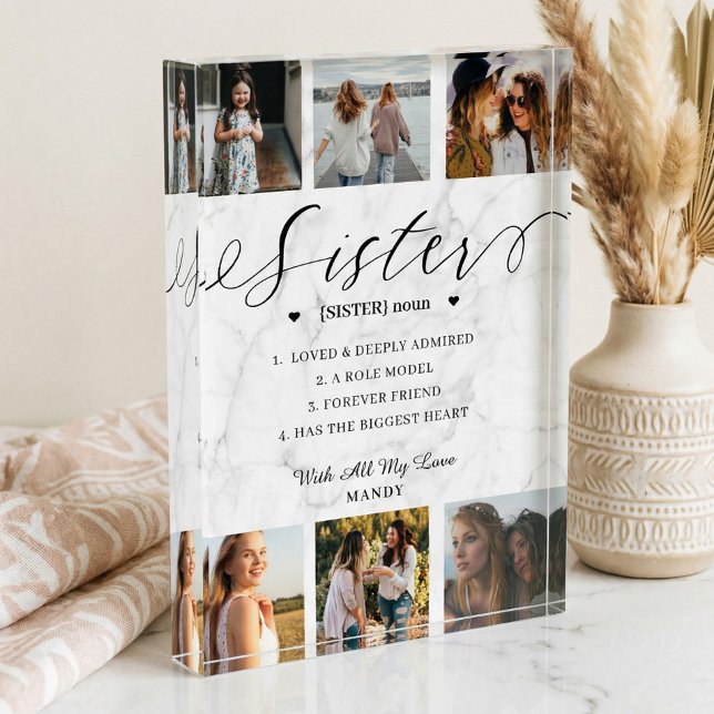 Sister Dictionary Definition Photo Collage Marble Block (Gift for Sister Definition Collage Marble Keepsake Photo Block)
