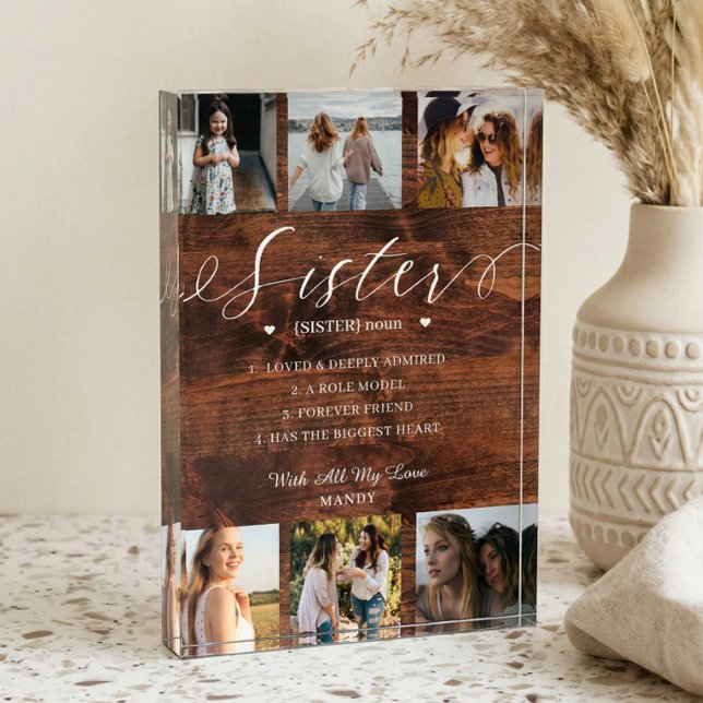 Sister Dictionary Definition Photo Collage Wood (Sister Definition Collage Rustic Wood Keepsake Photo Block)
