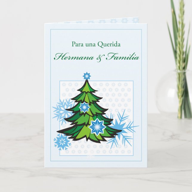 Sister & Family, Spanish, Christmas, Snowflakes Holiday Card (Front)