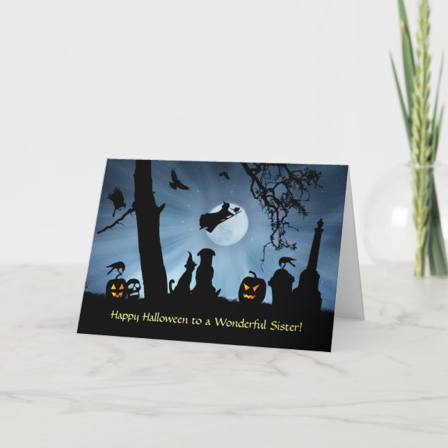Sister Halloween Cute Dog and Cat With Witch Card (Front)