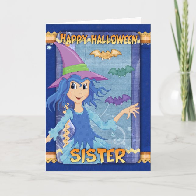 sister halloween greeting card with little witch (Front)