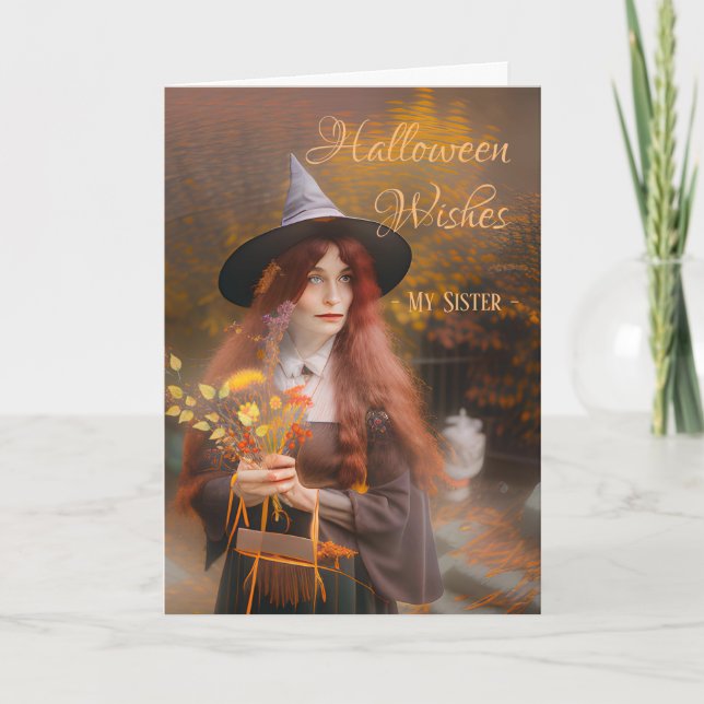 Sister Halloween Wishes Witch and Autumn Bouquet  Card (Front)