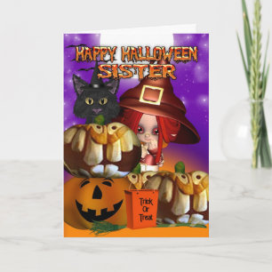 Sister Halloween witch cat pumpkin jack o lantern Card