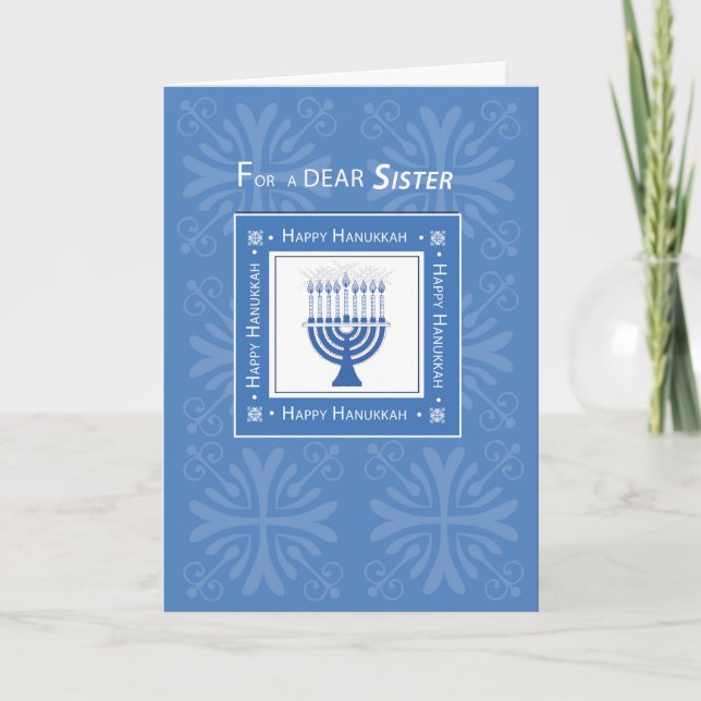 Sister Hanukkah Wishes Blue Menorah Holiday Card (Front)