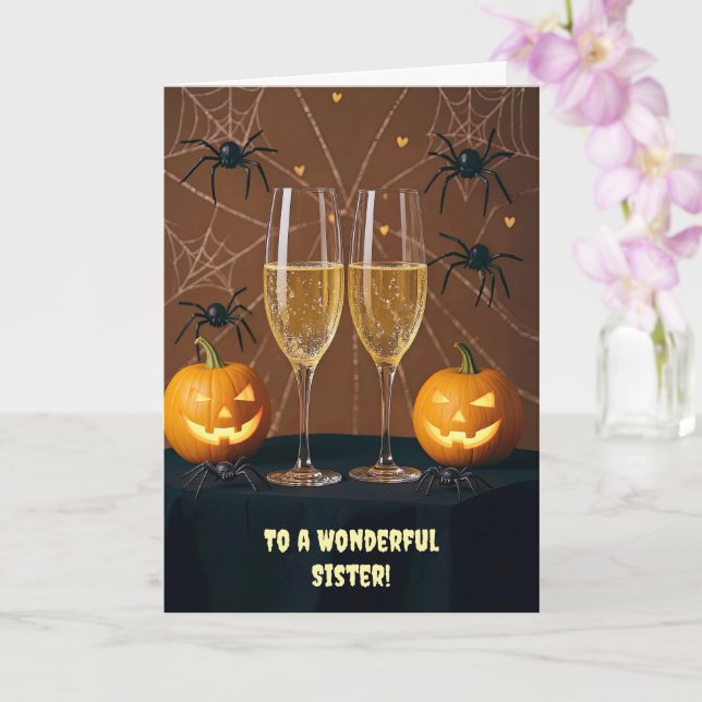 Sister Happy Halloween Champagne Cheers Funny Card (Orchid)