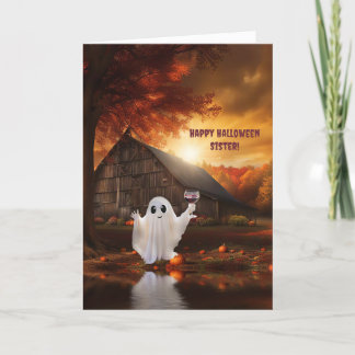 Sister Happy Halloween Cute Ghost and Wine Funny  Card