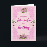 Sister in Law Birthday with Pink Roses Card<br><div class="desc">A pretty birthday card for a sister-in-law. An elegant tracery in pink sets of the four pink roses. The background is a pale pink pattern of flowers. A lovely card to send to a sister-in-law on her birthday.</div>
