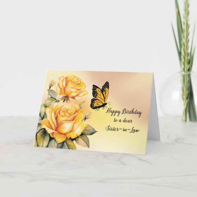 Sister in Law Birthday Yellow Roses with Butterfly Card (Front)