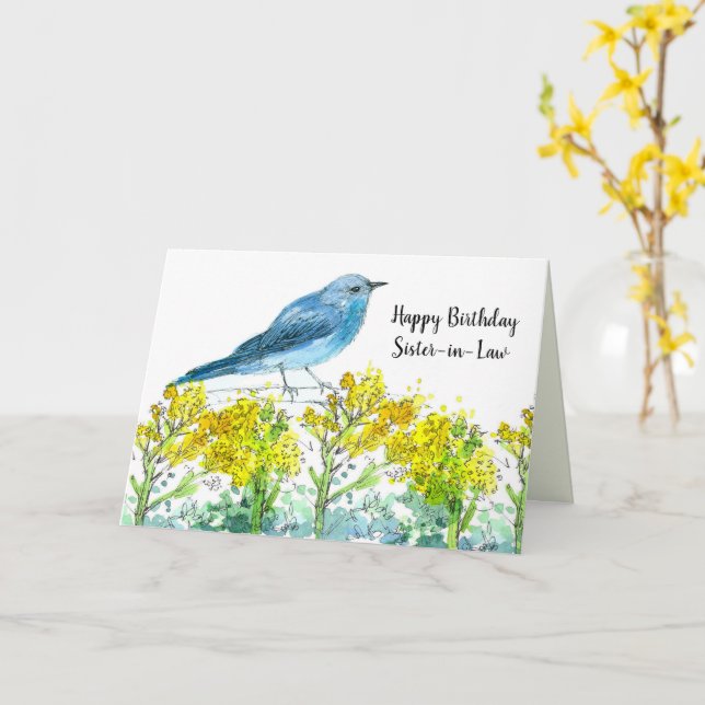 Sister In Law Happy Birthday Bluebird Wildflowers Card (Yellow Flower)