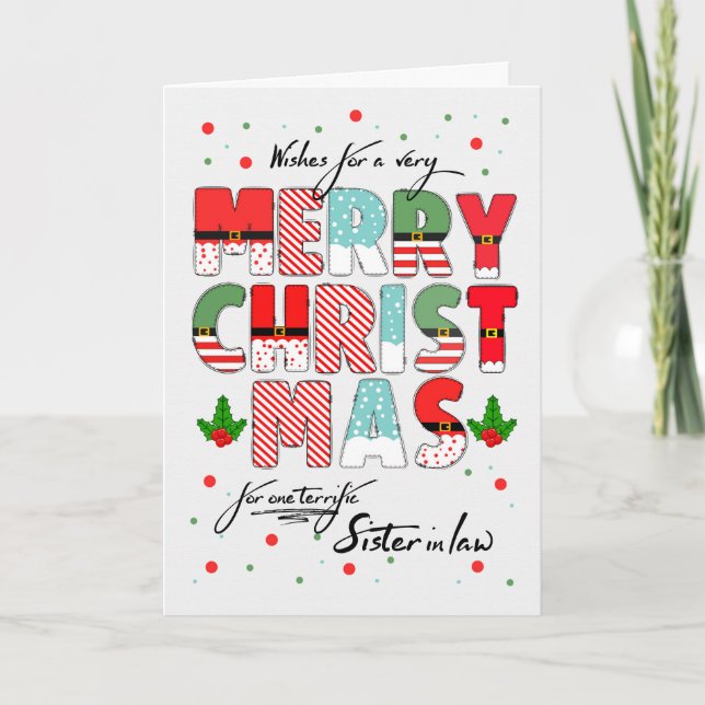 Sister in Law Merry Christmas Decorated Lettering Holiday Card (Front)