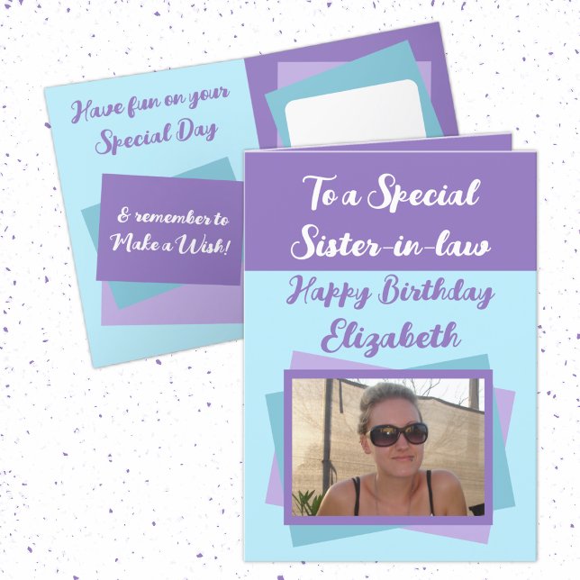 Sister-in-law photo name purple blue birthday card (Creator Uploaded)