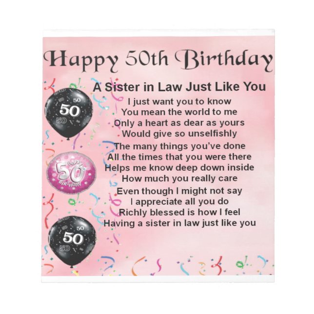 Sister in Law Poem - 50th Birthday Notepad (Front)