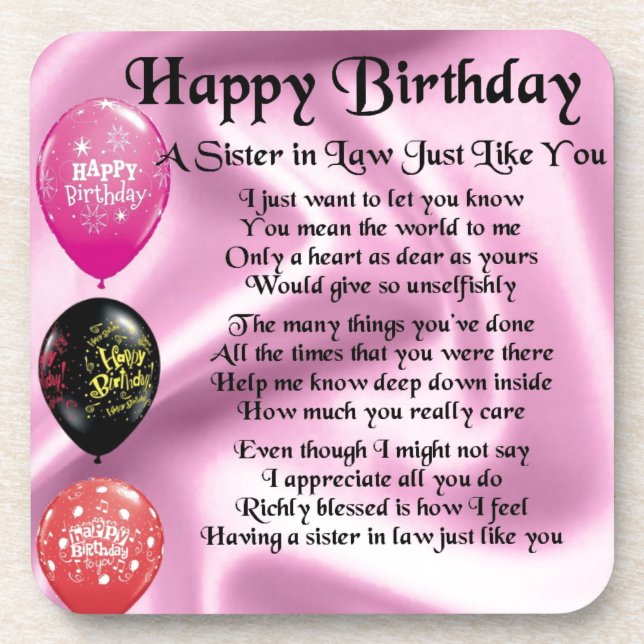 Sister in Law Poem -  Happy Birthday Design Coaster (Front)