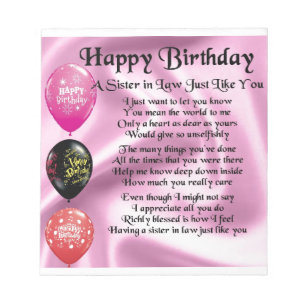 Sister in Law Poem - Happy Birthday Design Notepad