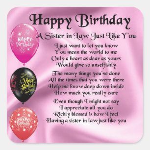 Sister in Law Poem - Happy Birthday Design Square Sticker