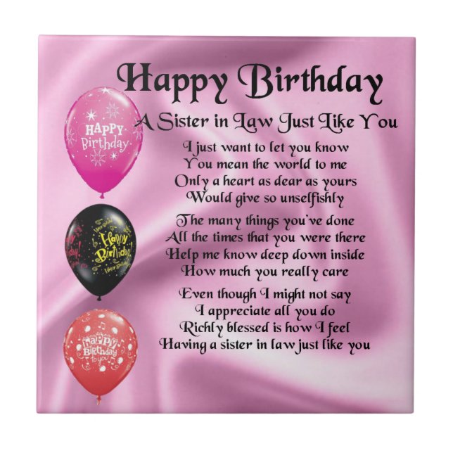 Sister in Law Poem -  Happy Birthday Design Tile (Front)