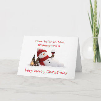 Sister in Law Relaxing Snowman with Wine Christmas Holiday Card