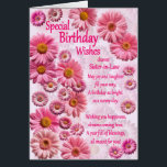 Sister In Law Special Birthday Wishes Pink Daisies<br><div class="desc">A beautiful birthday card for a sister-in-law. A wonderful birthday card full of pink daisies. A lovely heartfelt verse completes the lovely feeling this card brings. send sincere birthday wishes to someone special.</div>