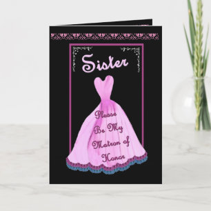 SISTER Matron of Honour -  PINK Gown Flowered Trim Invitation