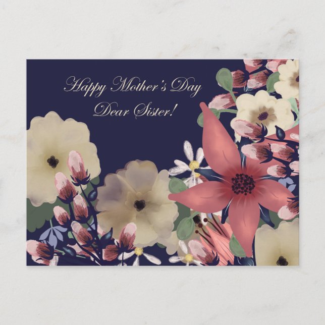 Sister Mother's Day Flowers on Navy Blue Holiday Postcard (Front)