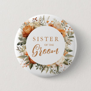 Sister Of The Groom Burnt Orange Fall Floral 6 Cm Round Badge