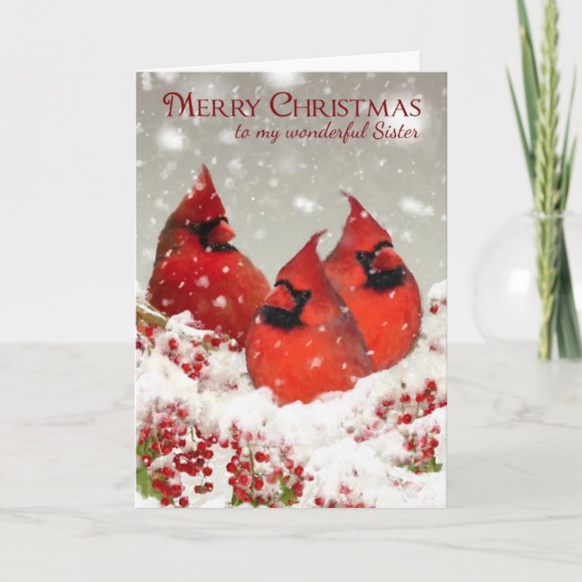 Sister, Oil Painted Red Cardinals In Snow Scenery Holiday Card (Front)