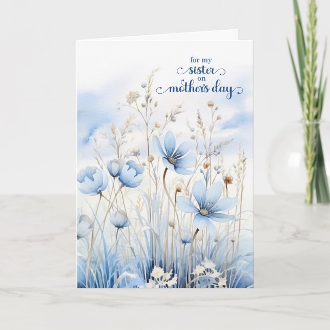 Sister on Mother's Day Blue Watercolor Wildflowers Holiday Card (Front)