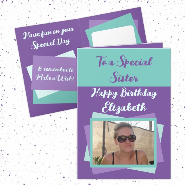 Sister photo name purple green birthday card (Creator Uploaded)