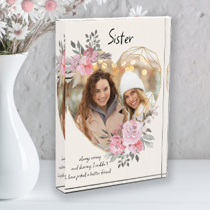Sister Pink Floral Gold Geometric Heart Shaped Photo Block