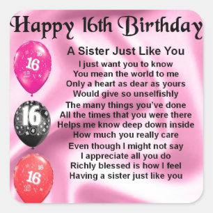 Sister Poem  -  16th Birthday Square Sticker