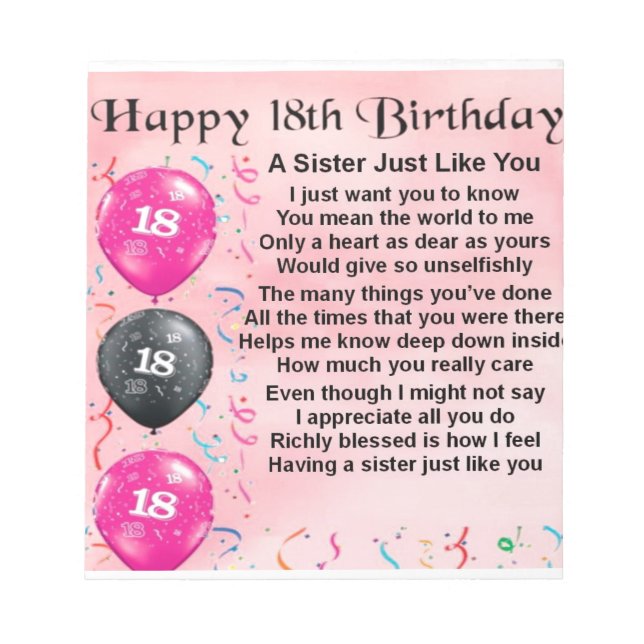Sister Poem  -   18th Birthday Design Notepad (Front)